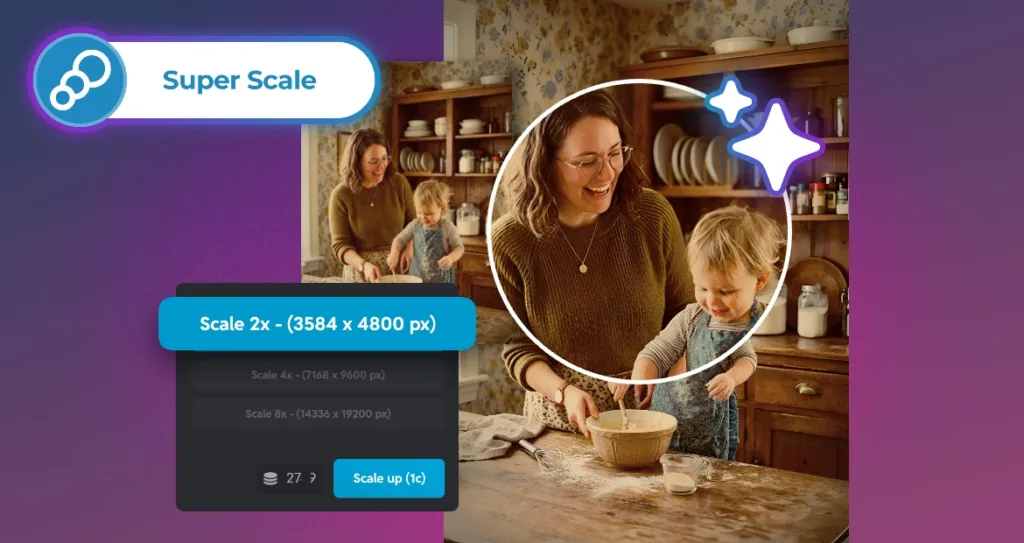 A feature highlight graphic on a purple gradient background showcasing Pixlr's Super Scale tool. A badge in the top left displays the Pixlr logo and the label "Super Scale." The main image shows a warm, candid photo of a smiling woman and a toddler baking together at a kitchen counter with a bowl and whisk. A circular zoom-in highlights the woman's face at enhanced clarity, with a glowing sparkle icon indicating AI upscaling. Overlaid in the bottom left is a dark UI panel showing scaling options — "Scale 2x (3584 x 4800 px)" is highlighted in blue as the selected option, with Scale 4x and Scale 8x listed below. A blue "Scale up (1c)" button and a credit indicator showing 27 credits are also visible.