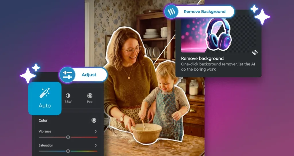 A feature highlight graphic on a purple gradient background showcasing two Pixlr editing tools. The central image shows a smiling woman and a toddler baking at a kitchen counter, with a white cutout outline around the subjects suggesting background removal in progress. On the bottom left, a dark UI panel displays the "Adjust" tool with an "Auto" button and sliders for Color, Vibrance, and Saturation, along with B&W and Pop filter options. On the top right, a floating card highlights the "Remove Background" feature, showing a pair of purple headphones with their background cleanly removed against a checkered transparent canvas, with the description "One-click background remover, let the AI do the boring work." White sparkle icons accent both sides of the image.