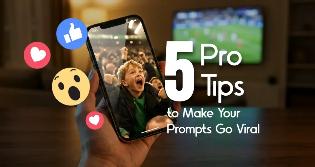 A hand holding a smartphone displaying an excited child cheering at a sports event, surrounded by social media reaction icons, with bold text reading “5 Pro Tips to Make Your Prompts Go Viral” against a blurred living room and TV background.