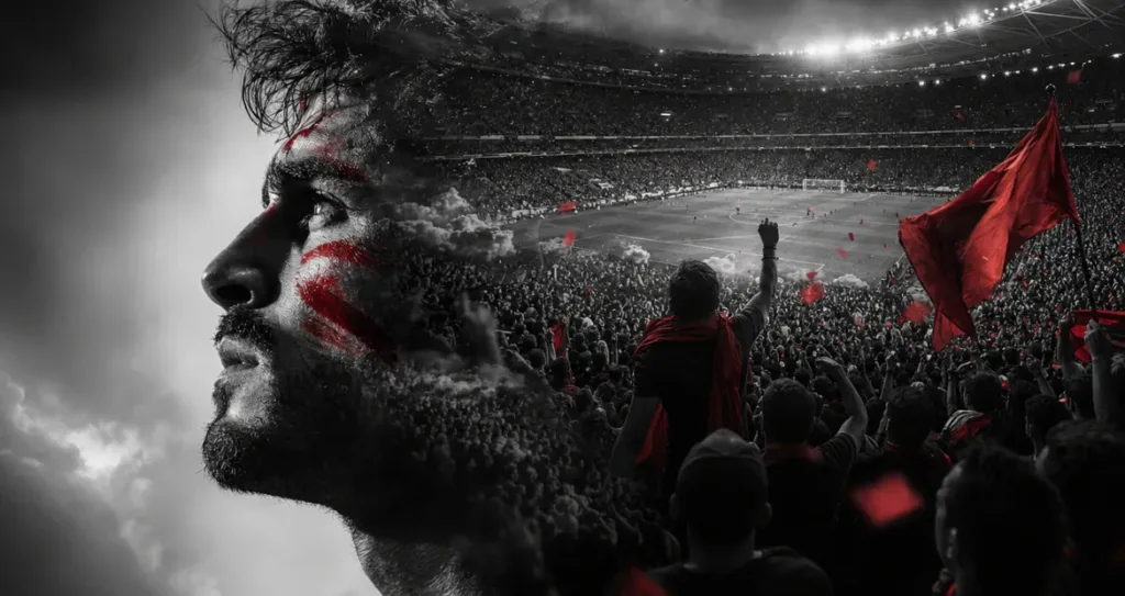 A dramatic double-exposure artwork featuring the side profile of a football fan with red face paint blended into a packed stadium crowd waving red flags during a nighttime match, creating a cinematic black-and-red sports atmosphere.