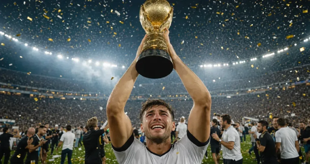 Football player lifting a gold trophy in a packed stadium as confetti falls, celebrating victory with teammates and fans in the background.