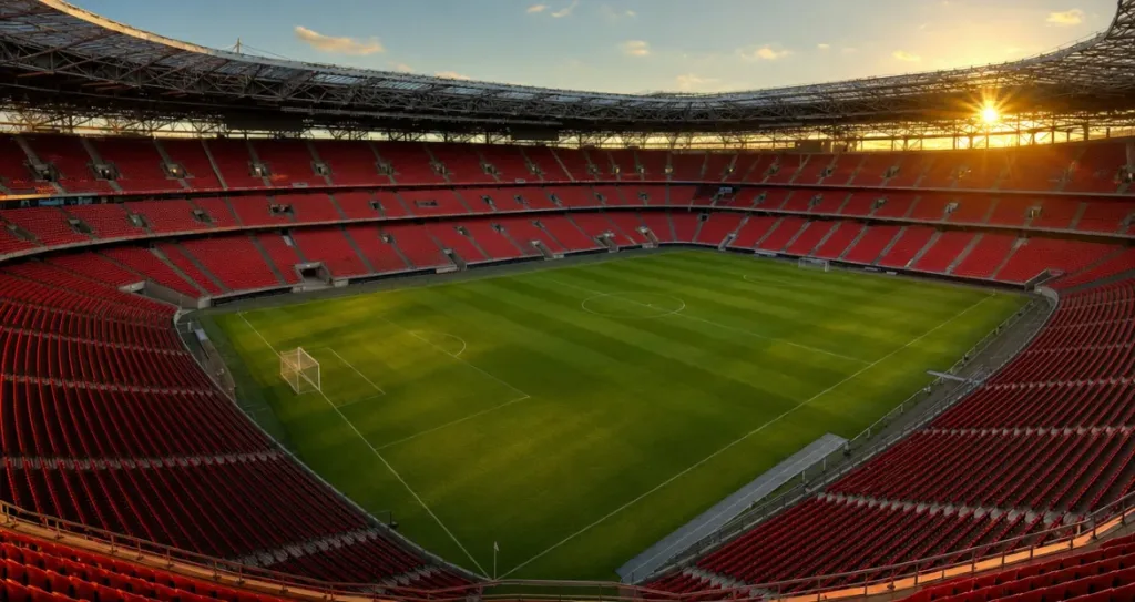 Empty football stadium at sunset with red seating surrounding a green pitch, viewed from a high angle under a partially covered roof.
