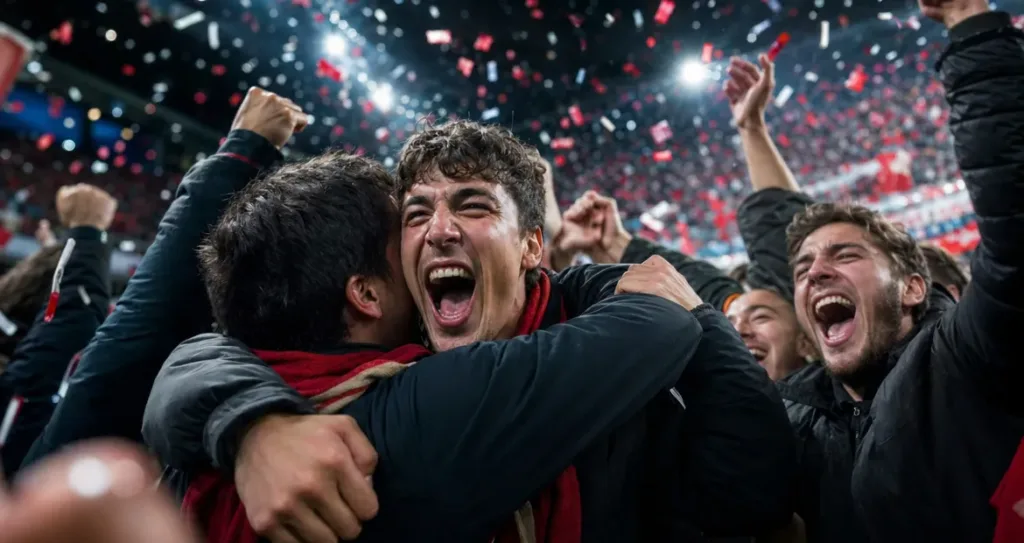 Group of football fans celebrating a goal, hugging and cheering in a stadium as confetti falls under bright lights.