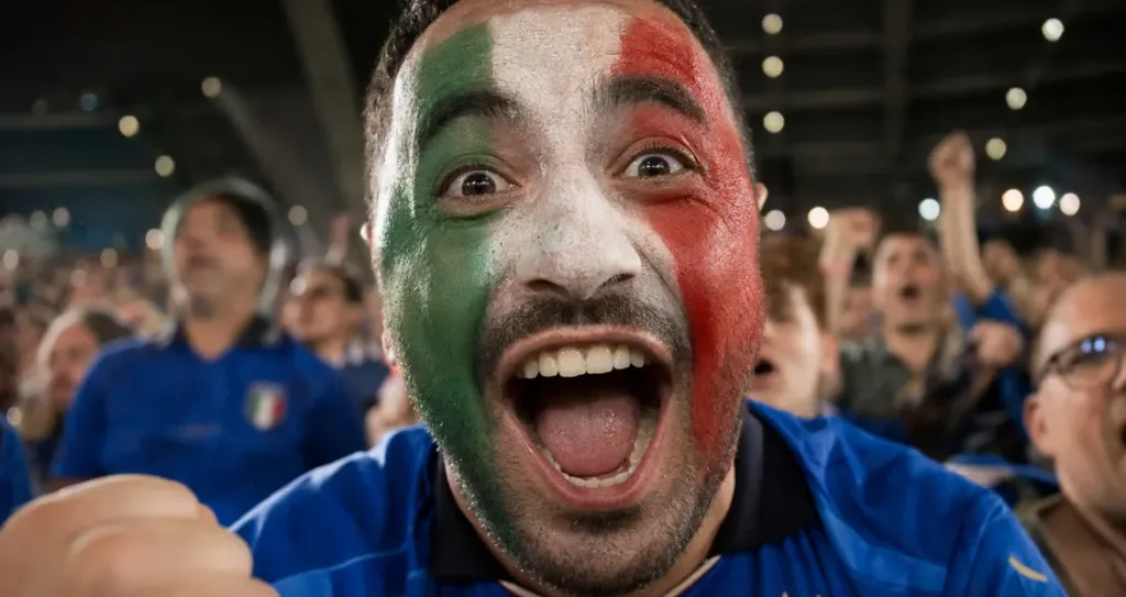 Close-up of an excited football fan with green, white, and red face paint cheering in a crowded stadium during a match.
