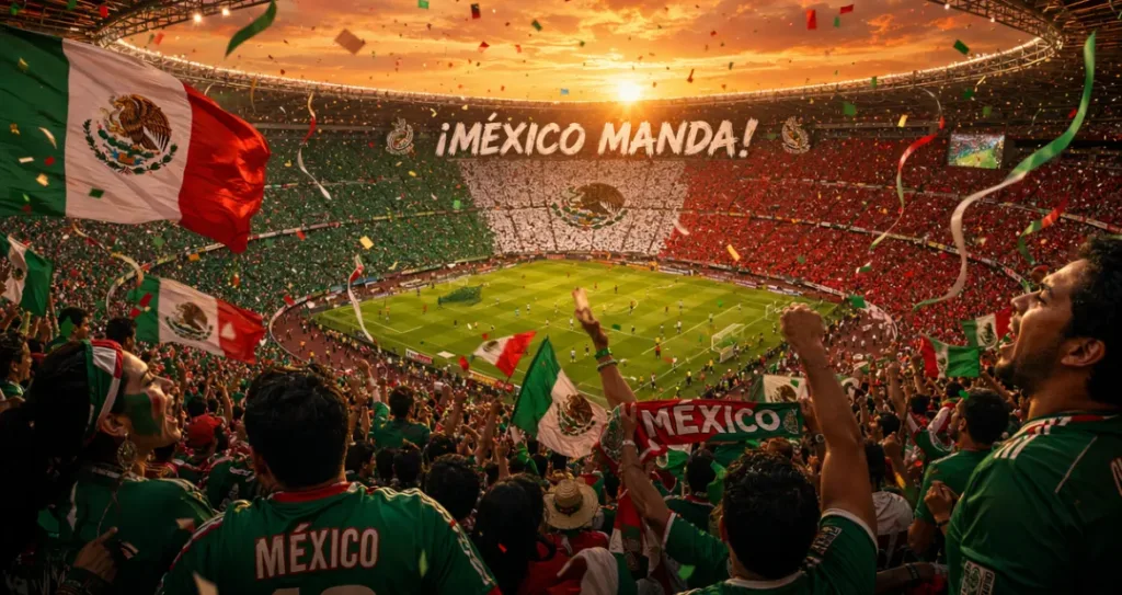 Packed football stadium filled with Mexico fans waving flags and celebrating, with a large tricolor crowd display and “¡México Manda!” banner under a sunset sky with confetti.