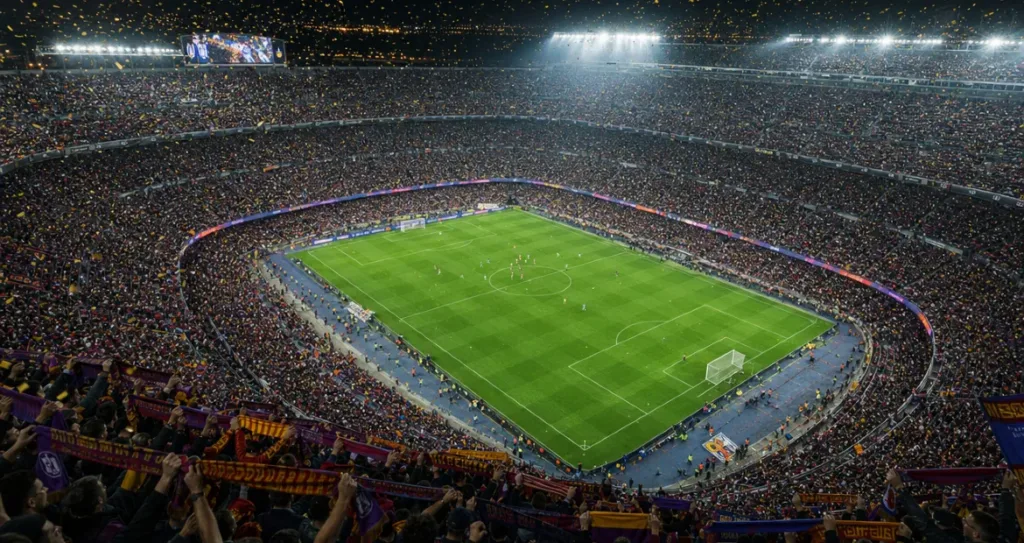 Packed football stadium during a night match, with thousands of fans cheering, bright floodlights illuminating the pitch, and players in action at the center.