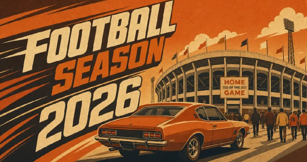 A retro-style illustrated poster featuring a vintage orange sports car parked outside a large football stadium, with bold typography reading “Football Season 2026” and crowds heading toward the arena under an orange-toned sky.