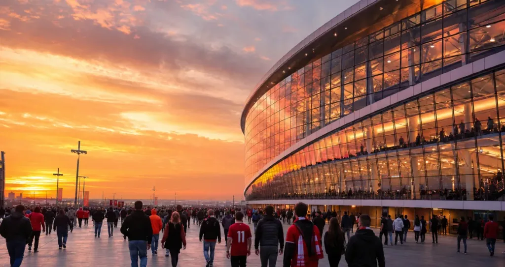 Crowds of football fans walking toward a modern glass stadium at sunset, with warm golden light reflecting off the building and the sky.