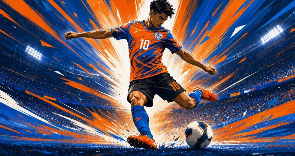 A dynamic digital illustration of a football player in an orange and blue jersey kicking a soccer ball in a brightly lit stadium, surrounded by explosive brushstroke effects and energetic blue-and-orange motion graphics.