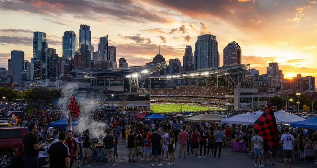 Lively pre-match football atmosphere with fans tailgating outside a stadium, city skyline in the background at sunset, and crowds gathering with flags and food stalls.