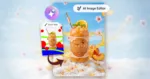 Promotional graphic showcasing Pixlr's AI Image Editor. A refreshing iced peach tea drink in a branded cup is displayed on a bright, pastel-themed background with floating peach slices, orange slices, cherry blossoms, and splashing liquid effects. A smaller panel labeled "Draw Tool" shows a rough sketch transformed into a polished product image, highlighting AI-powered image editing and product photography enhancement capabilities.