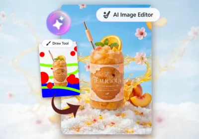 Promotional graphic showcasing Pixlr's AI Image Editor. A refreshing iced peach tea drink in a branded cup is displayed on a bright, pastel-themed background with floating peach slices, orange slices, cherry blossoms, and splashing liquid effects. A smaller panel labeled "Draw Tool" shows a rough sketch transformed into a polished product image, highlighting AI-powered image editing and product photography enhancement capabilities.