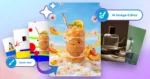 A promotional graphic showcasing AI-powered product photography. A beverage cup filled with iced peach tea is transformed from a simple product image into a vibrant lifestyle scene featuring fruit slices, splashing liquid, ice, and floral elements. Surrounding images show different stages of editing and product photography examples, including a perfume bottle and a lifestyle scene. The graphic highlights Pixlr's AI Image Editor and Draw Tool capabilities. Short SEO Alt Text: AI product photography transformation showing a peach iced tea drink enhanced with creative backgrounds, effects, and professional product styling using Pixlr AI Image Editor. Accessibility-Friendly Version: A before-and-after product photography example showing a peach iced tea drink transformed into a professional marketing image with fruit, ice, flowers, and splash effects using AI image editing tools.