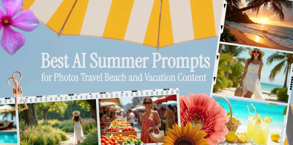 Collage-style banner featuring the title "Best AI Summer Prompts for Photos, Travel, Beach and Vacation Content" beneath a yellow-and-white beach umbrella. The design includes tropical beach sunsets, a woman in a white dress on vacation, a local market scene, a garden path, a poolside lemonade setup, colorful flowers, and film strip elements, creating a bright, summery travel aesthetic.