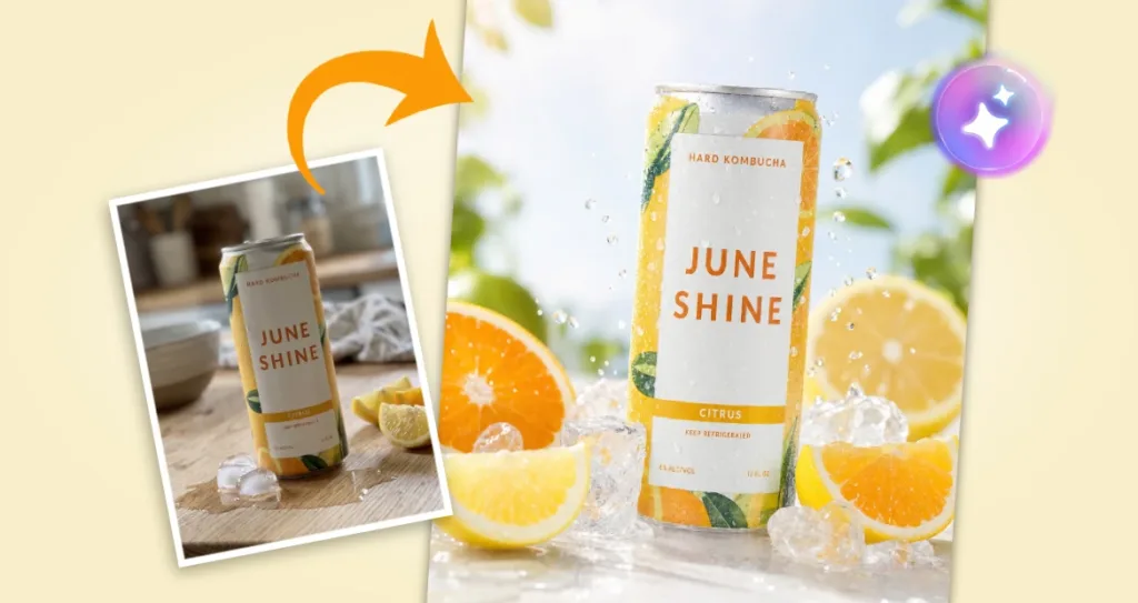Before-and-after beverage product photography example featuring a citrus-flavored hard kombucha can. The original product photo on a kitchen countertop is transformed into a vibrant commercial scene with fresh orange and lemon slices, ice cubes, water droplets, and bright natural lighting. An arrow connects the original image to the enhanced version, demonstrating AI-powered product photography and lifestyle image generation for beverage marketing and e-commerce content.