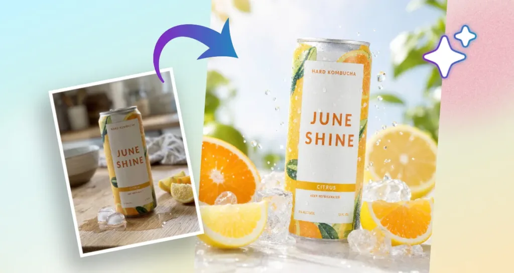 *A before-and-after beverage product photography transformation featuring a can of citrus kombucha. On the left, the