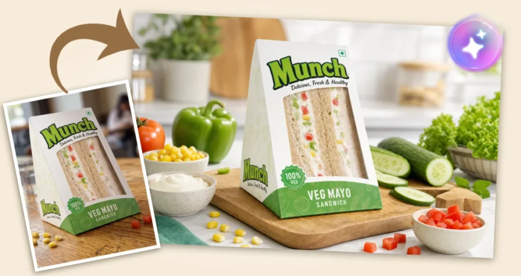 Before-and-after food product photography example featuring a packaged vegetable mayonnaise sandwich. The original product shot on a wooden table is transformed into a fresh, appetizing marketing scene with sliced cucumbers, lettuce, bell peppers, sweet corn, diced vegetables, and creamy mayonnaise arranged around the product. An arrow connects the original image to the enhanced version, demonstrating AI-powered food styling and product photography for food and beverage marketing.