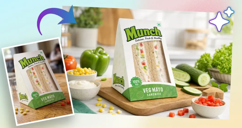 Food product photography enhancement showing a packaged vegetable sandwich styled with fresh ingredients in a professional marketing scene.