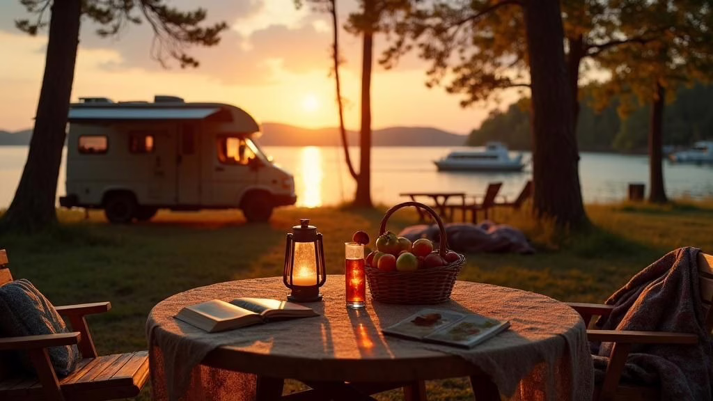 A cozy lakeside picnic at sunset features a lantern-lit table with fruit, books, and drinks beside a camper van. Surrounded by tall trees and calm waters, the scene evokes a peaceful summer camping and outdoor adventure atmosphere.