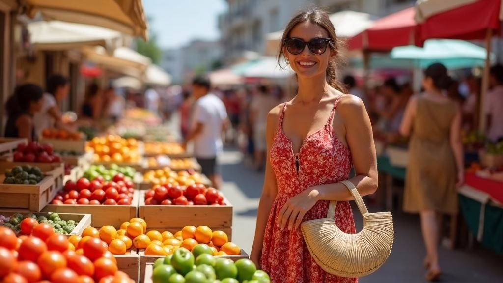 A smiling woman in a red floral summer dress and sunglasses shops at a bustling outdoor market filled with colorful fresh fruits and vegetables. Carrying a woven handbag, she captures the charm of local travel, sunny weather, and leisurely summer exploration.