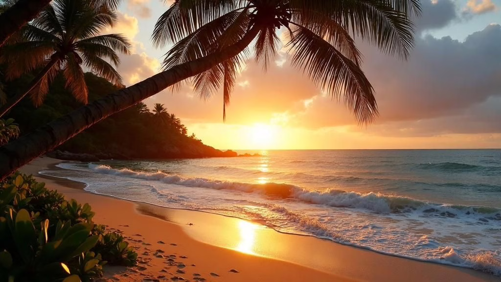 Golden sunset over a tropical beach with gentle waves washing onto the sandy shoreline. Tall palm trees frame the scene as warm sunlight reflects across the ocean, creating a peaceful, idyllic summer vacation atmosphere.
