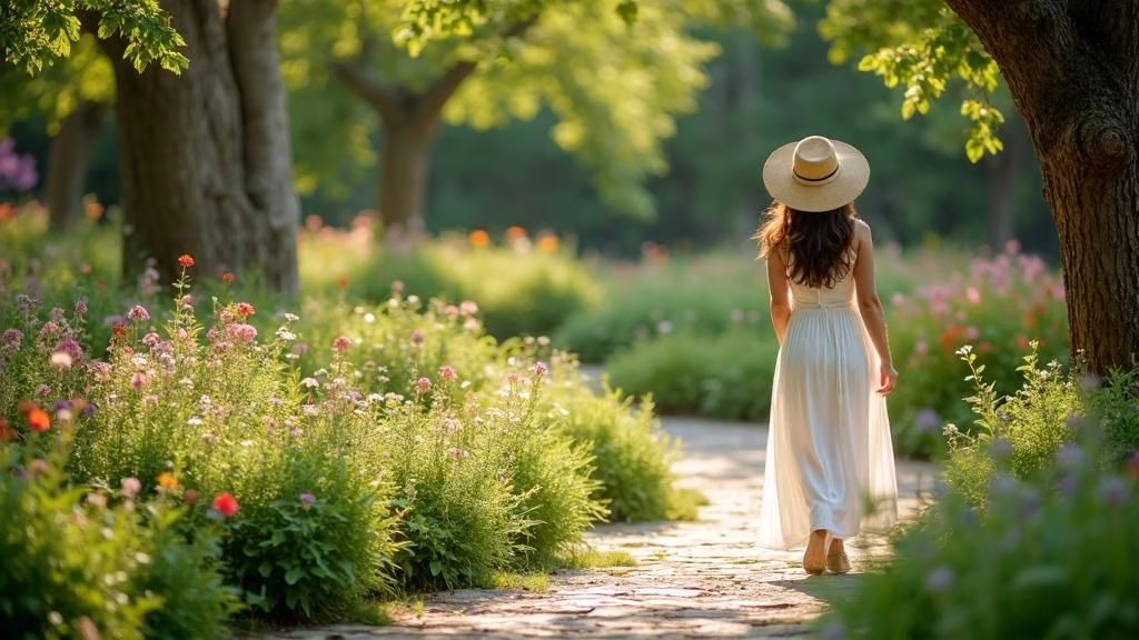 A woman in a flowing white dress and straw hat strolls along a sunlit garden path surrounded by blooming wildflowers and towering trees. The soft golden light and lush greenery create a peaceful, dreamy summer escape in nature. 