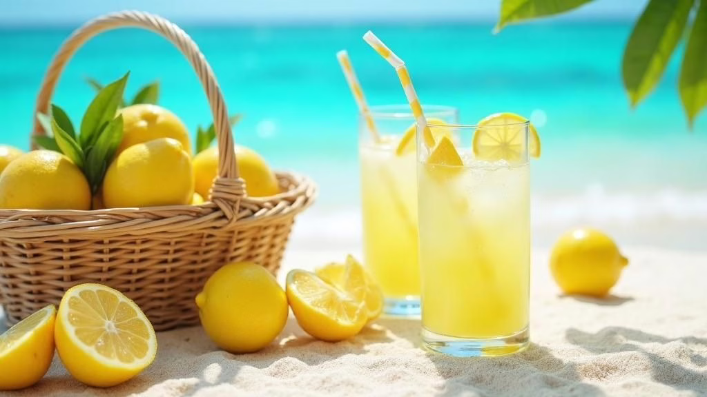 Refreshing lemonade served in tall glasses with lemon slices and striped paper straws on a sandy beach. A wicker basket filled with fresh lemons sits beside halved citrus fruits, with turquoise ocean waters in the background, capturing a bright, tropical summer vibe.