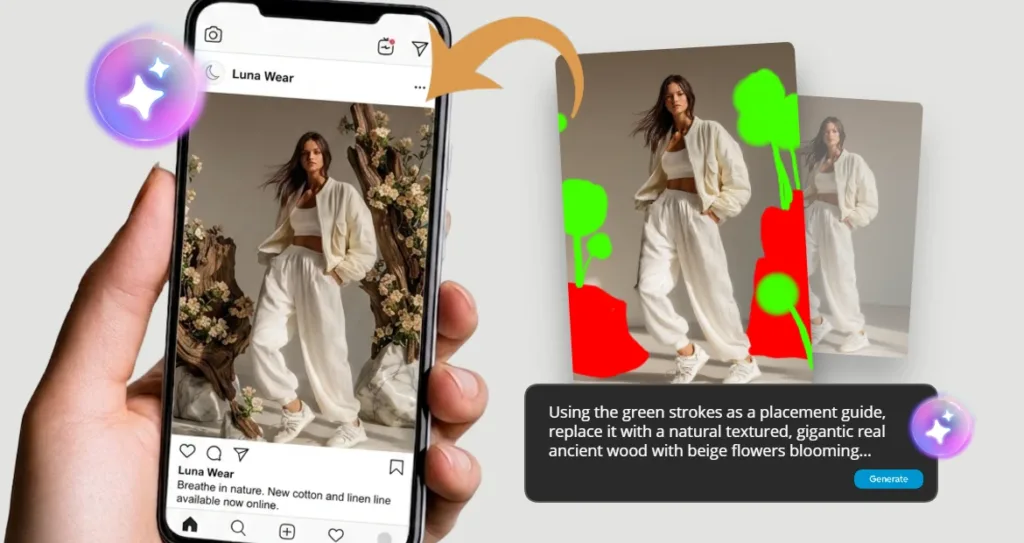 Promotional graphic showcasing AI-powered fashion product photography and scene generation. A clothing advertisement displayed on a smartphone screen is recreated using simple colored guide strokes and a descriptive text prompt. The AI-generated result transforms the rough layout into a professional fashion campaign featuring a model in neutral-toned clothing surrounded by textured ancient wood and blooming beige flowers. The image demonstrates how AI can help style, refresh, and repurpose product and lifestyle photography for social media marketing.