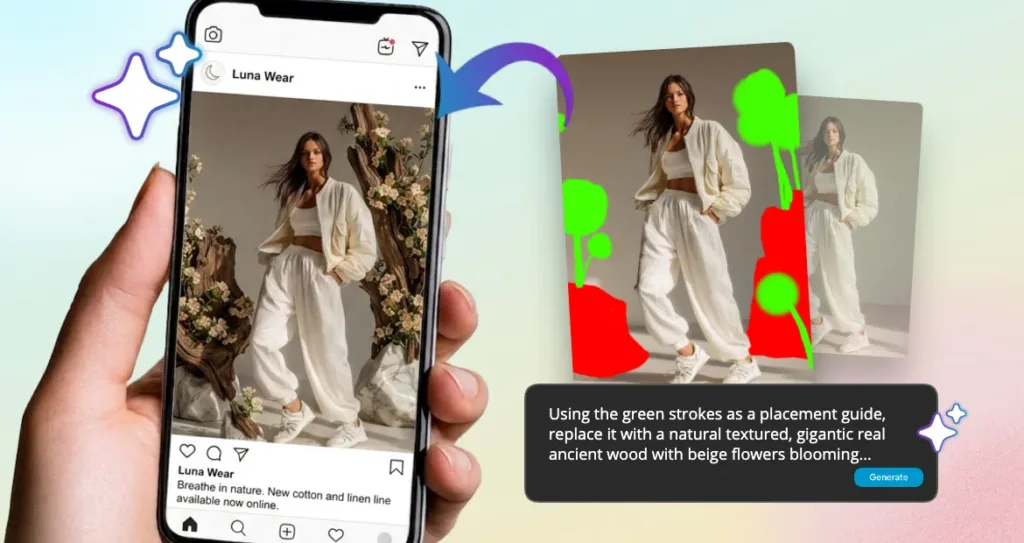 AI-assisted fashion photo editing workflow showing a clothing campaign image enhanced with custom backgrounds and natural elements for social media marketing.