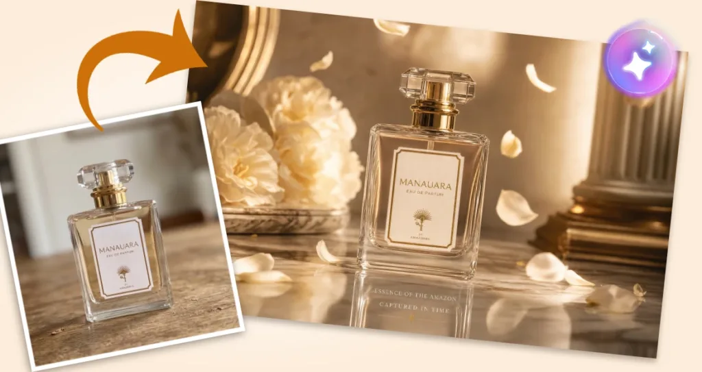 Before-and-after luxury perfume product photography example. A simple perfume bottle photographed on a wooden surface is transformed into an elegant, high-end advertising scene featuring soft golden lighting, marble reflections, blooming white flowers, floating petals, and classical architectural elements. An arrow links the original image to the enhanced composition, showcasing AI-powered product styling and premium brand visualization.