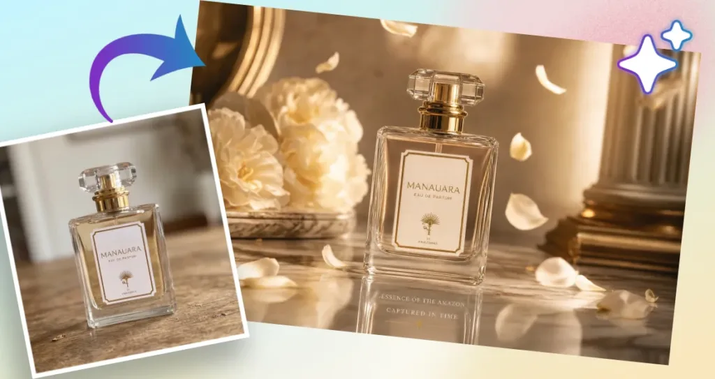 Luxury perfume product photography enhancement featuring a fragrance bottle styled with golden lighting, flower petals, and premium advertising aesthetics.