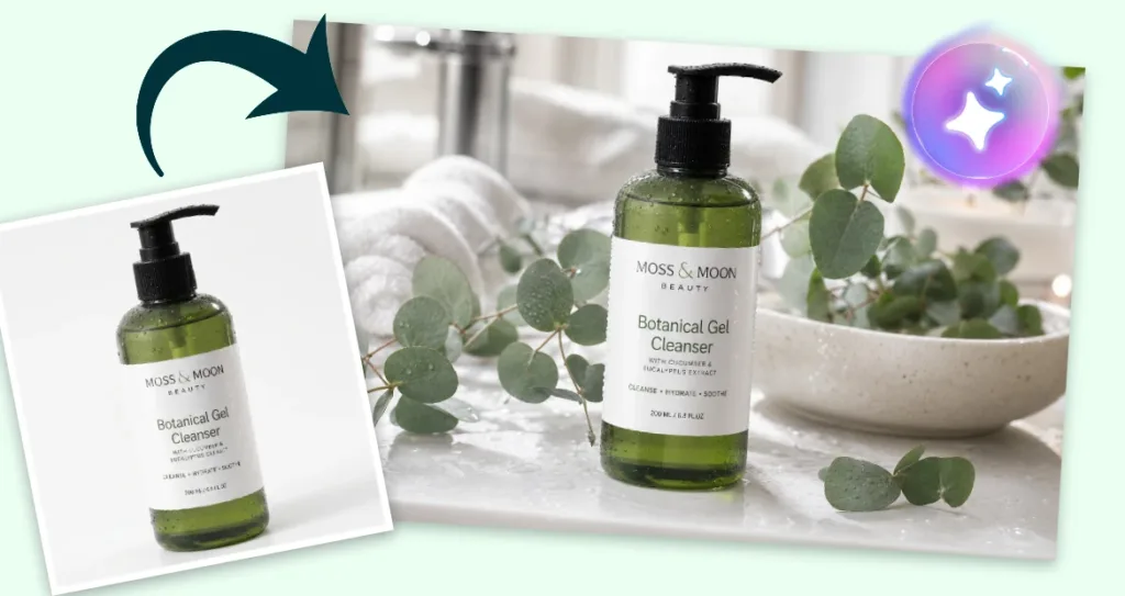 Before-and-after product photography example featuring a botanical gel cleanser. The original product bottle on a plain white background is transformed into a professional lifestyle scene with eucalyptus leaves, soft towels, water droplets, and a spa-inspired bathroom setting. An arrow connects the original image to the enhanced version, demonstrating AI-powered product photo styling and background generation for skincare marketing.