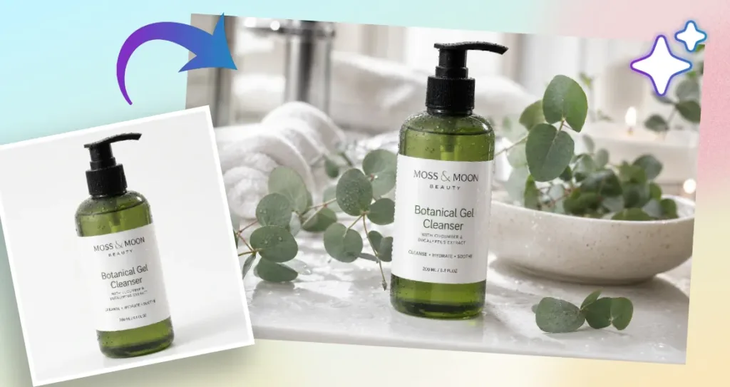 Skincare product photography transformation showing a botanical gel cleanser enhanced from a plain product image to a professional spa-inspired marketing scene.