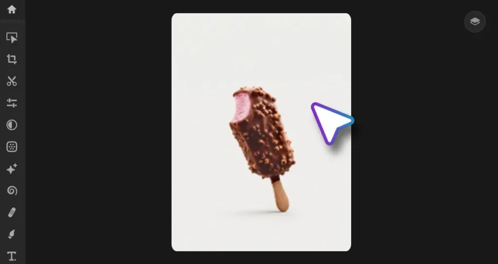 Bitten chocolate-coated ice cream bar with pink filling on a white background next to a colorful cursor icon.