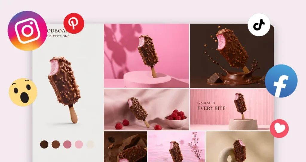 Creative moodboard featuring a chocolate-coated berry ice cream bar displayed in multiple product photography styles. The collage showcases various pink and chocolate-themed backgrounds, including podium displays, chocolate splashes, raspberries, floral elements, and minimalist studio setups. Social media icons from Instagram, Pinterest, TikTok, and Facebook surround the board, highlighting content creation and visual marketing inspiration for social media campaigns.