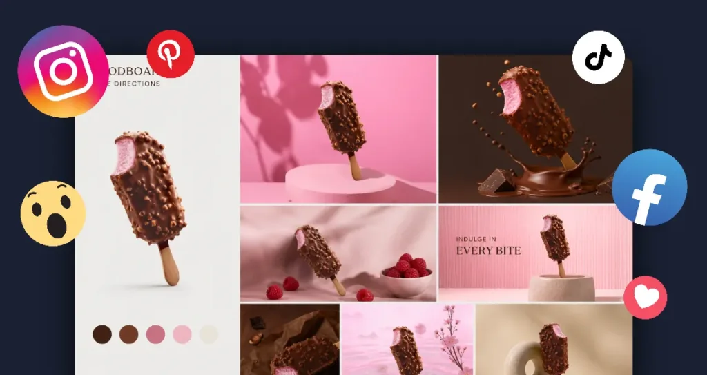 Product photography mood board showcasing multiple creative styles for a chocolate-coated ice cream bar across social media marketing concepts.

Accessibility-Friendly Version:

A collage of product photography concepts featuring a chocolate ice cream bar with a pink filling. The images show different backgrounds, lighting styles, and marketing layouts, alongside social media platform icons.