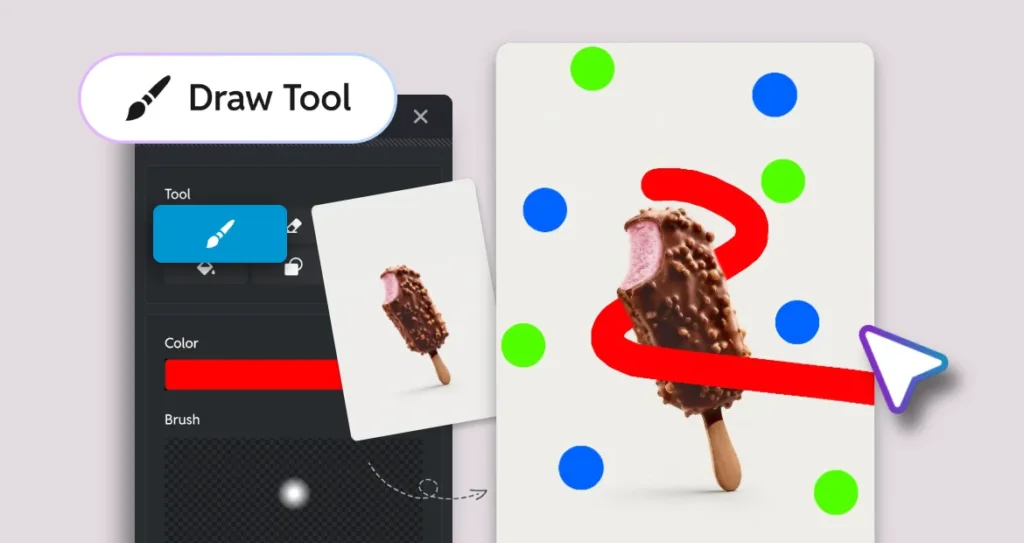 Pixlr's Draw Tool interface demonstrating AI-guided product photo editing. A chocolate-coated berry ice cream bar is displayed on a white background with colorful brush strokes, dots, and markings drawn around it. The editing panel shows brush and color selection tools, while a cursor points to the image, illustrating how users can use simple sketches and color cues to direct AI-generated creative enhancements.