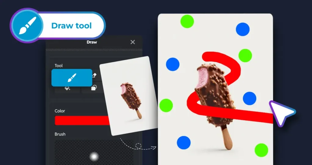 AI drawing tool editing a chocolate ice cream product photo using colorful brush strokes to guide creative image generation.