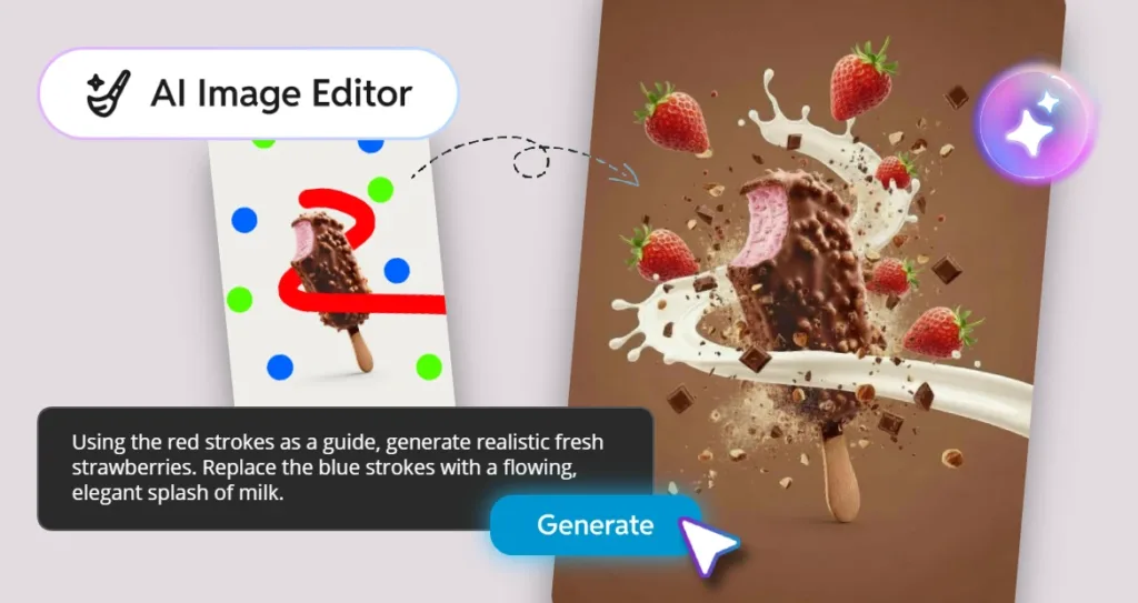 Pixlr AI Image Editor workflow demonstrating AI-assisted product photography creation. A rough image of a chocolate-coated berry ice cream bar marked with colorful guide strokes is transformed into a professional advertising visual featuring realistic strawberries, chocolate pieces, and a dynamic milk splash. A prompt box instructs the AI to replace the colored markings with specific visual elements, showcasing how text prompts and sketches can guide AI-generated product imagery.