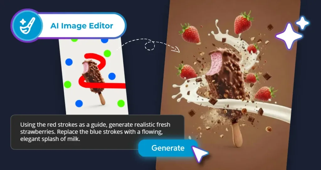 AI Image Editor transforming a marked-up ice cream product photo into a professional advertising image with strawberries, milk splashes, and chocolate effects.