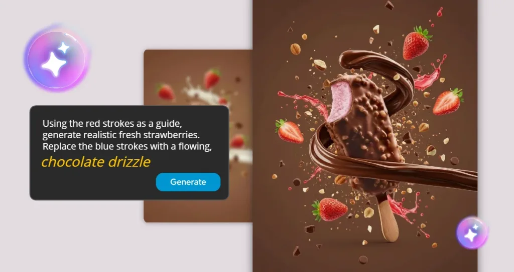 Pixlr AI Image Editor demonstrating prompt refinement for product photography. A chocolate-coated berry ice cream bar is featured in a dynamic advertising scene with floating strawberries, nuts, chocolate pieces, and swirling chocolate drizzle effects. A prompt panel shows how modifying AI instructions can transform the generated result, highlighting the process of refining AI-generated visuals to achieve a more polished and creative product image.