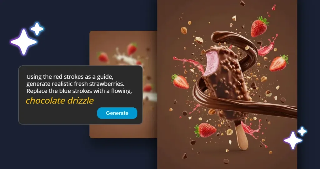 AI-generated product advertisement featuring a chocolate ice cream bar with swirling chocolate drizzle, strawberries, and premium food photography effects.