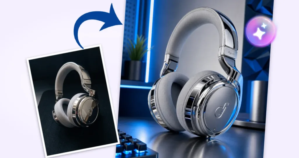 Before-and-after technology product photography example featuring premium over-ear headphones. The original product image on a dark background is transformed into a modern, high-end setup with blue ambient lighting, reflective surfaces, geometric wall panels, and a desktop gaming environment. An arrow connects the original image to the enhanced version, showcasing AI-powered product photography and lifestyle scene generation for consumer electronics and e-commerce marketing.