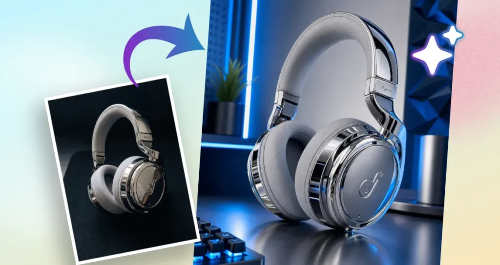 Technology product photography enhancement showing premium wireless headphones in a futuristic blue-lit studio setup.