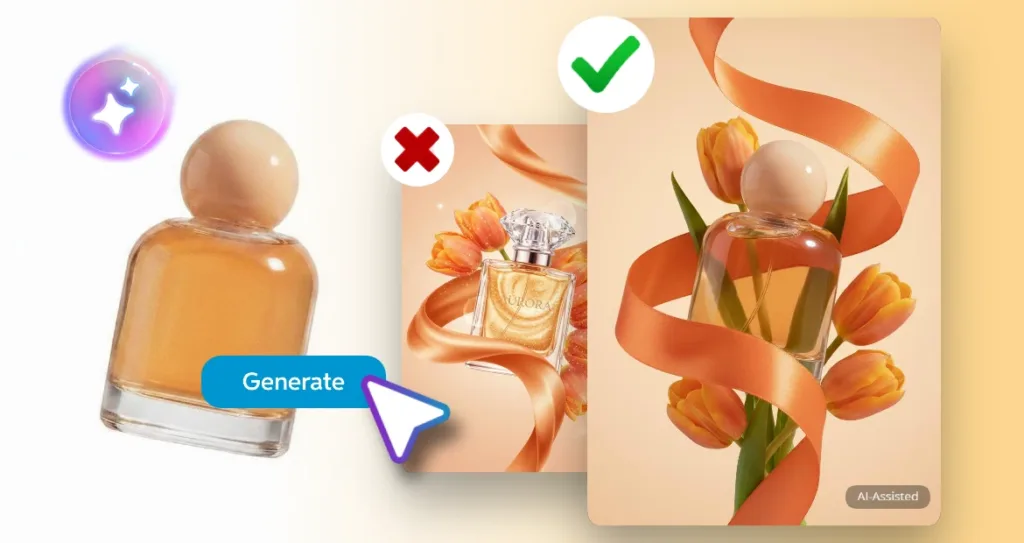 Illustration demonstrating AI product photography best practices using a perfume bottle. The image compares two AI-generated results: one cluttered composition marked with a red X and a cleaner, more cohesive design marked with a green check. The preferred version features a simple perfume bottle surrounded by orange tulips and flowing ribbon elements, highlighting the importance of clear composition, focused subjects, and effective AI-assisted product styling for marketing visuals.