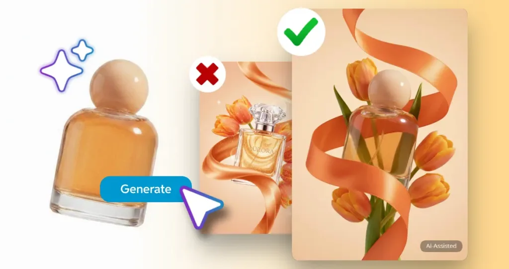 AI product photography best practices showing correct and incorrect ways to enhance a perfume bottle while preserving product accuracy.