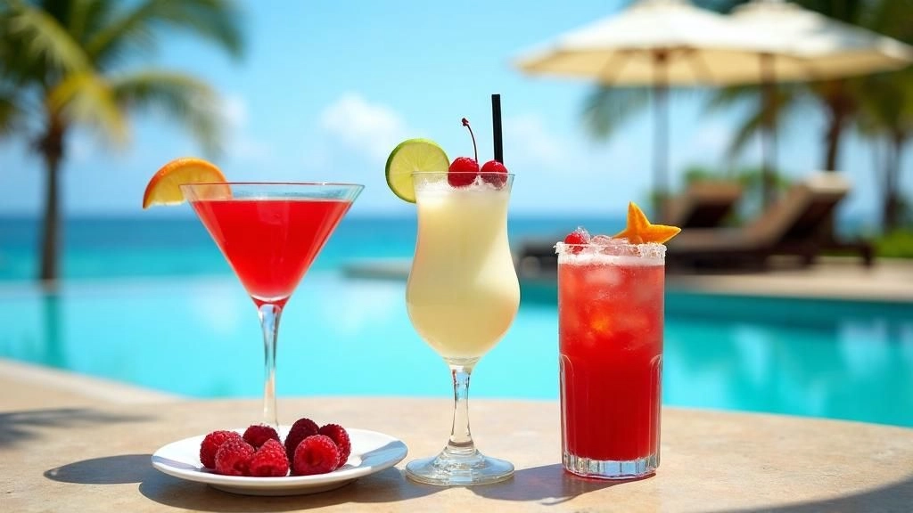 Three colorful tropical cocktails garnished with fresh citrus and cherries are served beside a luxury pool overlooking the ocean. Palm trees, sun loungers, and beach umbrellas in the background create a relaxing summer resort atmosphere.