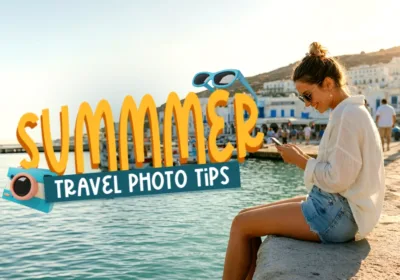 Hero banner featuring a woman sitting by the waterfront during golden hour while using her phone, with the title "Summer Travel Photo Tips" overlaid alongside camera and sunglasses illustrations. The image introduces a guide to capturing and editing stunning summer travel photos with beginner-friendly tips.