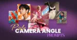Collage showcasing different AI-generated images, including skincare products, a model applying sunscreen, a low-angle pink aesthetic scene, a cat wearing sunglasses, and a person in colorful streetwear, with the text "Pixlr Camera Angle Prompts" on a purple gradient background.