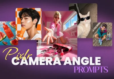 Collage showcasing different AI-generated images, including skincare products, a model applying sunscreen, a low-angle pink aesthetic scene, a cat wearing sunglasses, and a person in colorful streetwear, with the text "Pixlr Camera Angle Prompts" on a purple gradient background.